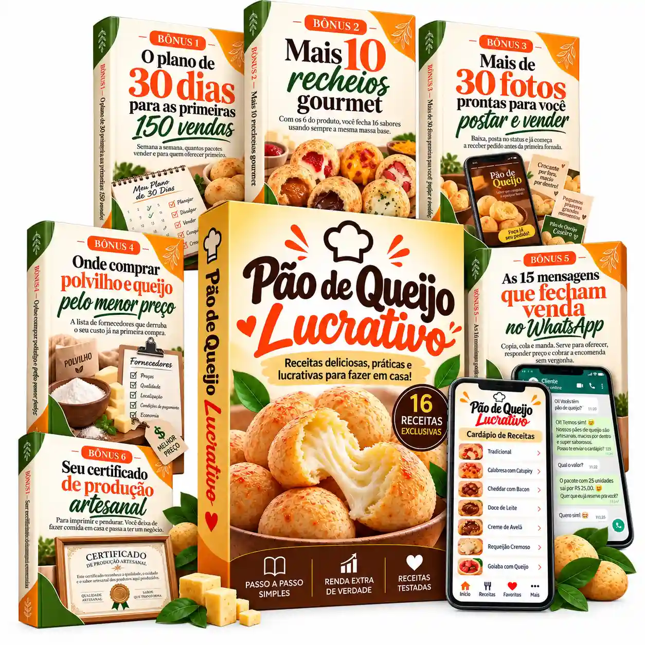 Pão de Queijo Lucrativo — mockup completo com o produto e os 6 bônus